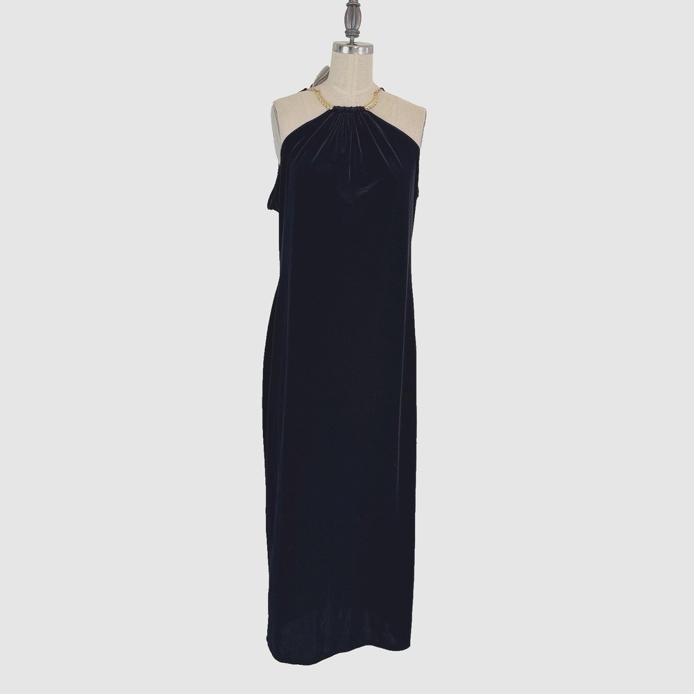 VTG Scott McClintock Black Velvet Gown Gold Chain Halter Neck 90s Glam Formal 12